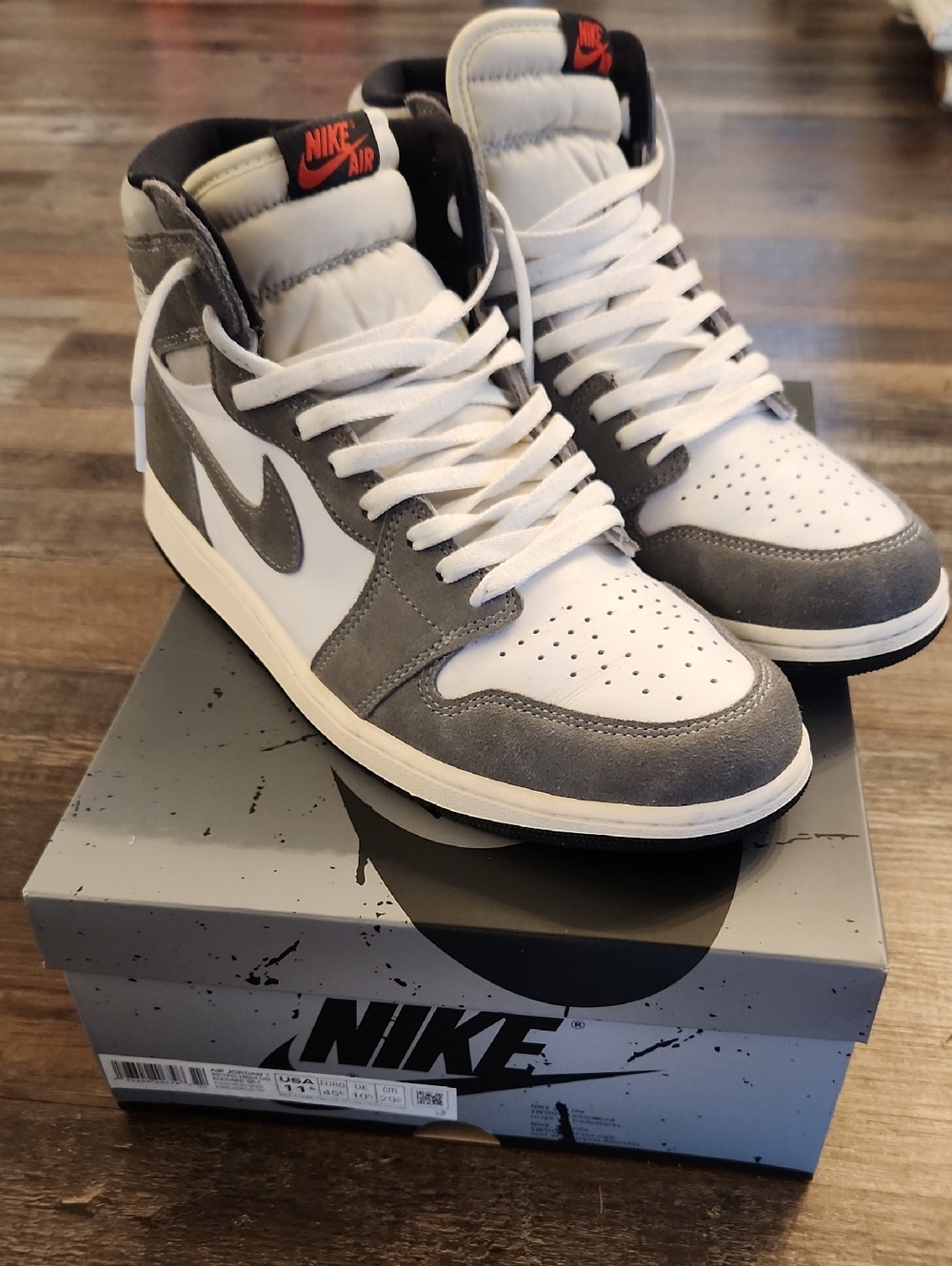 NIKE AIR JORDAN High-Top Sneakers in White, Gray and Black with Red Logo